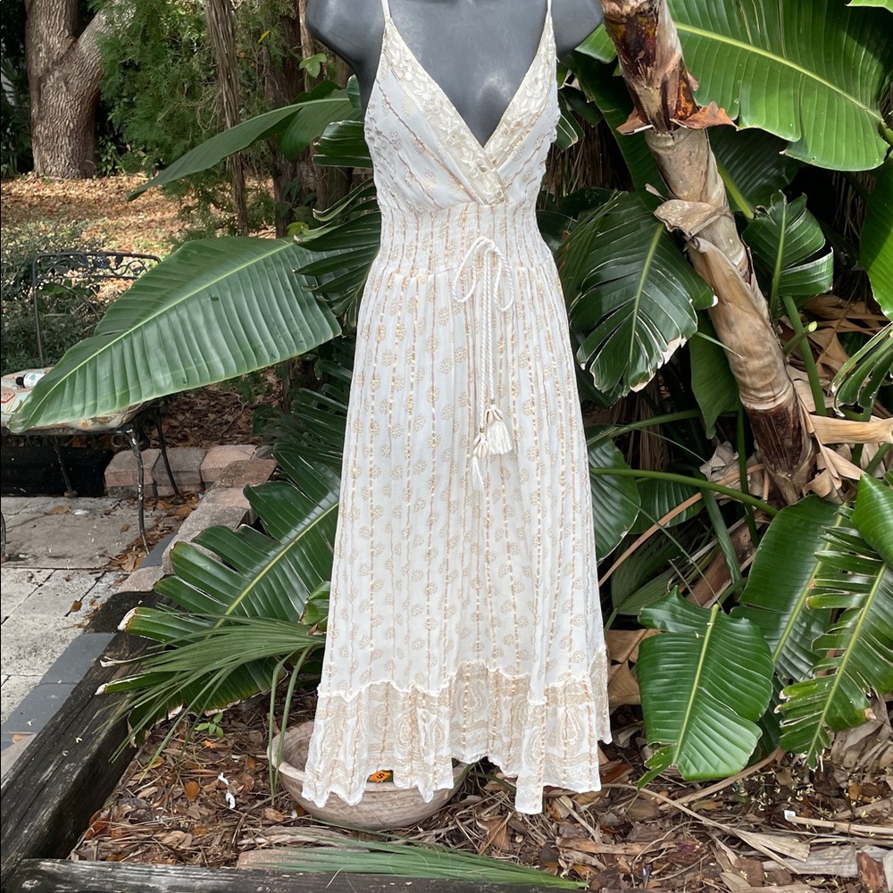 Gold, striped sequin lace ruffled, maxi sundress - Picture 3 of 9
